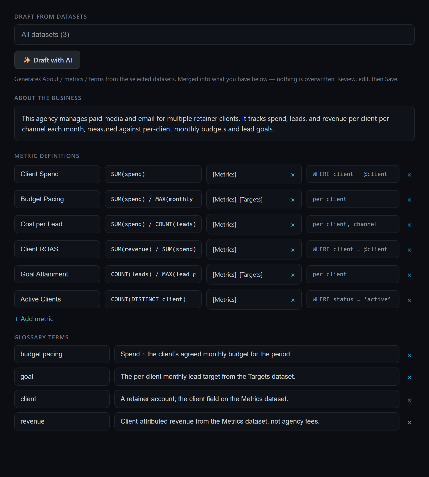 Quiriz Company Context editor with Budget Pacing and Goal Attainment metric definitions