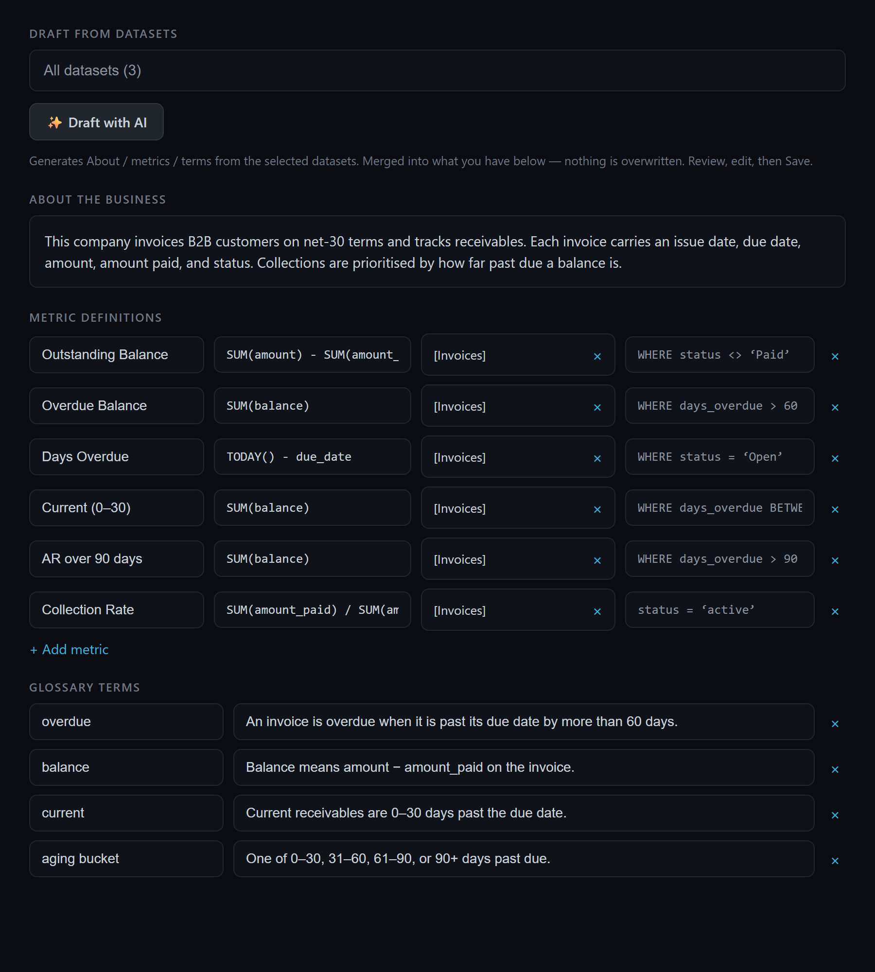 Quiriz Company Context editor with Overdue Balance and aging metric definitions