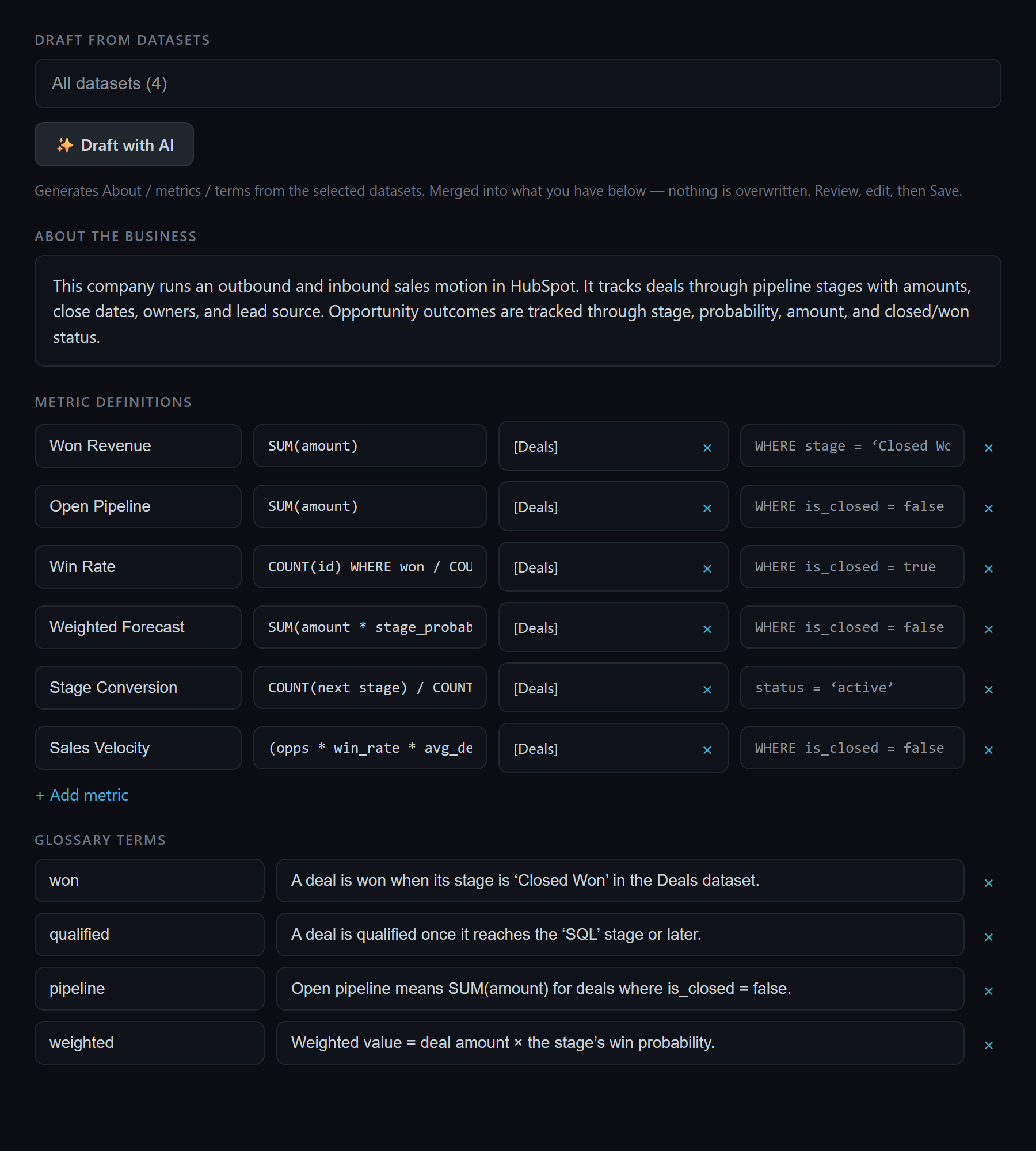 Quiriz Company Context editor with Win Rate and Weighted Forecast metric definitions