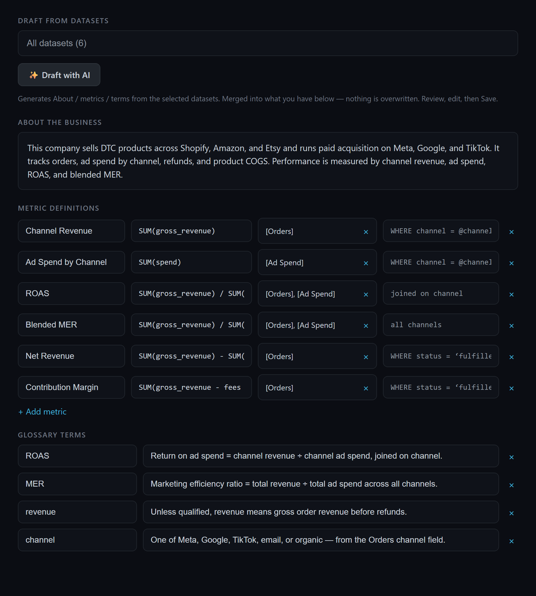Quiriz Company Context editor with Channel Revenue, Ad Spend, ROAS and Blended MER metric definitions