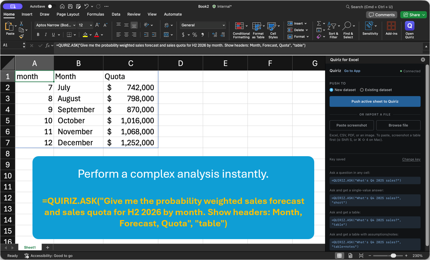 Excel with the Quiriz add-in open. The formula bar contains =QUIRIZ.ASK asking for a probability weighted sales forecast and quota for H2 2026 by month, and the cells below show the resulting month, forecast and quota table. The sidebar offers pushing the active sheet to Quiriz or importing a file.